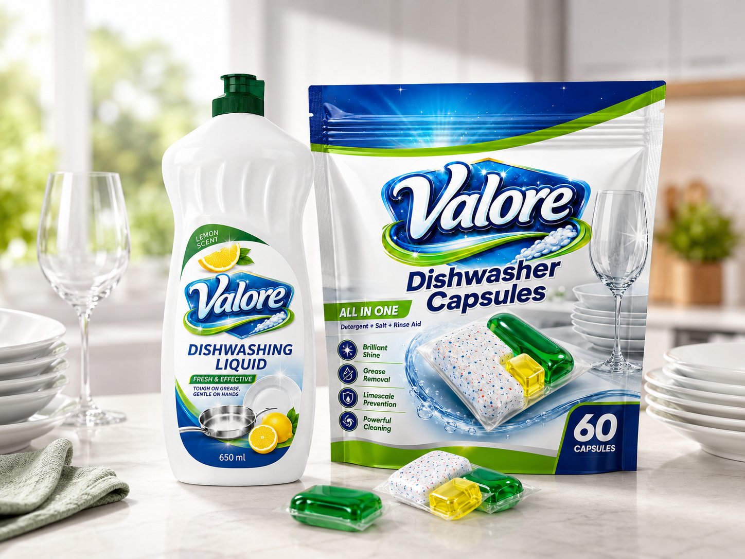 Valore dishwashing liquid and dishwasher capsules family — dishwashing range