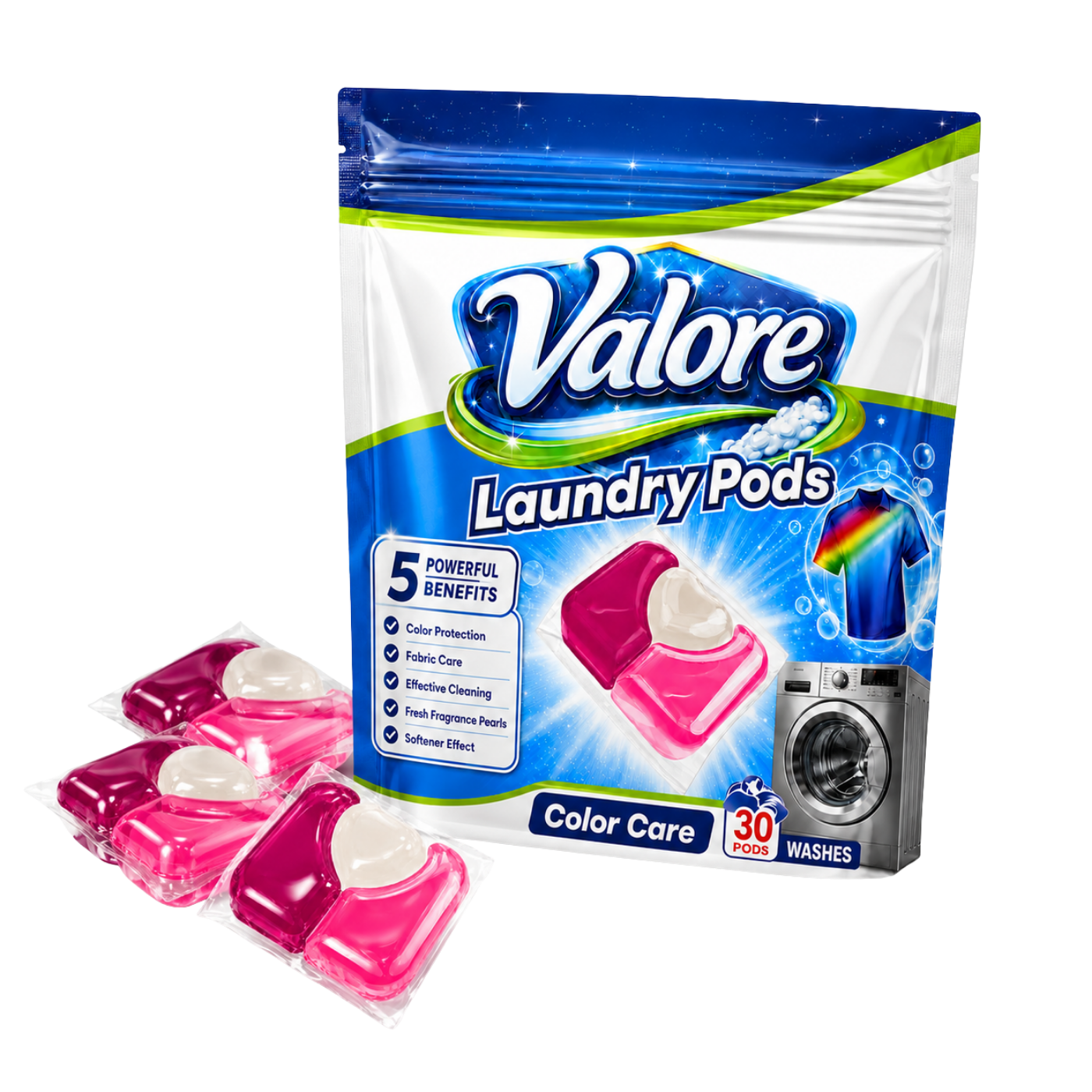 Valore Laundry Pods Color Care — 30 capsule pack with loose pods