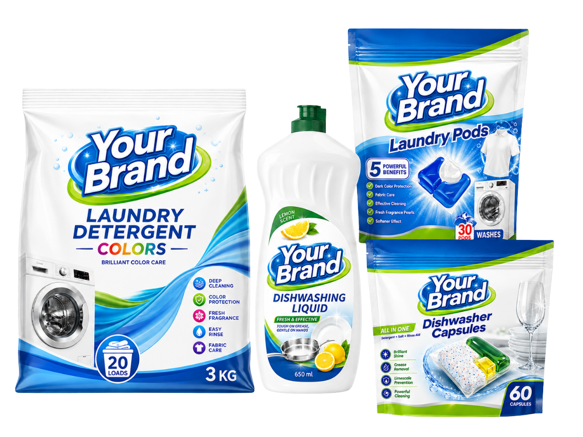 Your Brand private label mockup — laundry detergent, dishwashing liquid, laundry pods and dishwasher capsules